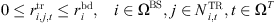 $$ \begin{array}{cc}0\le {r}_{i,j,t}^{\mathrm{tr}}\le {r}_i^{\mathrm{bd}},& i\in {\mathrm{\Omega }}^{\mathrm{BS}},j\in {N}_{i,t}^{\mathrm{TR}},t\in {\mathrm{\Omega }}^T\end{array} $$