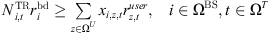$$ \begin{array}{cc}{N}_{i,t}^{\mathrm{TR}}{r}_i^{\mathrm{bd}}\ge \sum_{z\in {\mathrm{\Omega }}^U} {x}_{i,z,t}{r}_{z,t}^{{user}},& i\in {\mathrm{\Omega }}^{\mathrm{BS}},t\in {\mathrm{\Omega }}^T\end{array} $$