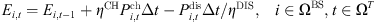 $$ \begin{array}{cc}{E}_{i,t}={E}_{i,t-1}+{\eta }^{\mathrm{CH}}{P}_{i,t}^{\mathrm{ch}}\Delta t-{P}_{i,t}^{\mathrm{dis}}\Delta t/{\eta }^{\mathrm{DIS}},& i\in {\mathrm{\Omega }}^{\mathrm{BS}},t\in {\mathrm{\Omega }}^T\end{array} $$