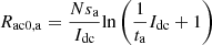 $$ {R}_{\mathrm{ac}0,\mathrm{a}}=\frac{N{s}_{\mathrm{a}}}{{I}_{\mathrm{dc}}}\mathrm{ln}\left(\frac{1}{{t}_{\mathrm{a}}}{I}_{\mathrm{dc}}+1\right) $$