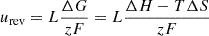 $$ {u}_{\mathrm{rev}}=L\frac{\Delta G}{{zF}}=L\frac{\Delta H-T\Delta S}{{zF}} $$