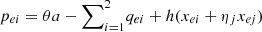 $$ {p}_{{ei}}={\theta a}-{\sum }_{i=1}^2 {q}_{{ei}}+h({x}_{{ei}}+{\eta }_j{x}_{{ej}}) $$