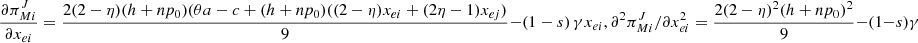 $ \frac{\partial {\pi }_{{Mi}}^J}{\partial {x}_{{ei}}}=\frac{2(2-\eta )(h+n{p}_0)({\theta a}-c+(h+n{p}_0)((2-\eta ){x}_{{ei}}+(2\eta -1){x}_{{ej}})}{9}-\left(1-s\right)\gamma {x}_{{ei}},{\partial }^2{\pi }_{{Mi}}^J/\partial {x}_{{ei}}^2=\frac{2(2-\eta {)}^2(h+n{p}_0{)}^2}{9}-(1-s)\gamma $