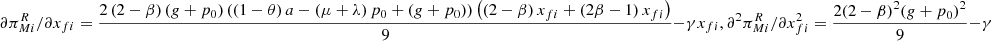 $ \partial {\pi }_{{Mi}}^R/\partial {x}_{{fi}}=\frac{2\left(2-\beta \right)\left(g+{p}_0\right)\left(\left(1-\theta \right)a-\left(\mu +\lambda \right){p}_0+\left(g+{p}_0\right)\right)\left(\left(2-\beta \right){x}_{{fi}}+\left(2\beta -1\right){x}_{{fi}}\right)}{9}-\gamma {x}_{{fi}},{\partial }^2{\pi }_{{Mi}}^R/\partial {x}_{{fi}}^2=\frac{2(2-\beta {)}^2(g+{p}_0{)}^2}{9}-\gamma $