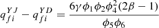 $ {q}_{{fi}}^{{YJ}}-{q}_{{fi}}^{{YD}}=\frac{6\gamma {\phi }_1{\phi }_2{\phi }_4^2(2\beta -1)}{{\phi }_5{\phi }_6}$