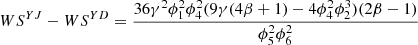 $ W{S}^{{YJ}}-W{S}^{{YD}}=\frac{36{\gamma }^2{\phi }_1^2{\phi }_4^2(9\gamma (4\beta +1)-4{\phi }_4^2{\phi }_2^3)(2\beta -1)}{{\phi }_5^2{\phi }_6^2}$