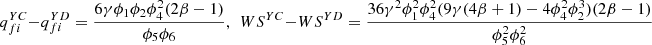 $ {q}_{{fi}}^{{YC}}-{q}_{{fi}}^{{YD}}=\frac{6\gamma {\phi }_1{\phi }_2{\phi }_4^2(2\beta -1)}{{\phi }_5{\phi }_6},\enspace W{S}^{{YC}}-W{S}^{{YD}}=\frac{36{\gamma }^2{\phi }_1^2{\phi }_4^2(9\gamma (4\beta +1)-4{\phi }_4^2{\phi }_2^3)(2\beta -1)}{{\phi }_5^2{\phi }_6^2}$
