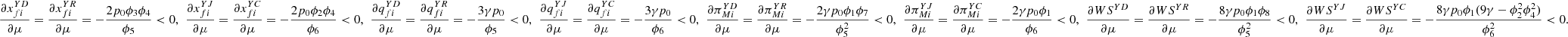 $ \frac{\partial {x}_{{fi}}^{{YD}}}{{\partial \mu }}=\frac{\partial {x}_{{fi}}^{{YR}}}{{\partial \mu }}=-\frac{2{p}_0{\phi }_3{\phi }_4}{{\phi }_5}<0,\enspace \frac{\partial {x}_{{fi}}^{{YJ}}}{{\partial \mu }}=\frac{\partial {x}_{{fi}}^{{YC}}}{{\partial \mu }}=-\frac{2{p}_0{\phi }_2{\phi }_4}{{\phi }_6}<0,\enspace \frac{\partial {q}_{{fi}}^{{YD}}}{{\partial \mu }}=\frac{\partial {q}_{{fi}}^{{YR}}}{{\partial \mu }}=-\frac{3\gamma {p}_0}{{\phi }_5}<0,\enspace \frac{\partial {q}_{{fi}}^{{YJ}}}{{\partial \mu }}=\frac{\partial {q}_{{fi}}^{{YC}}}{{\partial \mu }}=-\frac{3\gamma {p}_0}{{\phi }_6}<0,\enspace \frac{\partial {\pi }_{{Mi}}^{{YD}}}{{\partial \mu }}=\frac{\partial {\pi }_{{Mi}}^{{YR}}}{{\partial \mu }}=-\frac{2\gamma {p}_0{\phi }_1{\phi }_7}{{\phi }_5^2}<0,\enspace \frac{\partial {\pi }_{{Mi}}^{{YJ}}}{{\partial \mu }}=\frac{\partial {\pi }_{{Mi}}^{{YC}}}{{\partial \mu }}=-\frac{2\gamma {p}_0{\phi }_1}{{\phi }_6}<0,\enspace \frac{{\partial W}{S}^{{YD}}}{{\partial \mu }}=\frac{{\partial W}{S}^{{YR}}}{{\partial \mu }}=-\frac{8\gamma {p}_0{\phi }_1{\phi }_8}{{\phi }_5^2}<0,\enspace \frac{{\partial W}{S}^{{YJ}}}{{\partial \mu }}=\frac{{\partial W}{S}^{{YC}}}{{\partial \mu }}=-\frac{8\gamma {p}_0{\phi }_1(9\gamma -{\phi }_2^2{\phi }_4^2)}{{\phi }_6^2}<0.$
