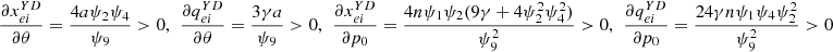 $ \frac{\partial {x}_{{ei}}^{{YD}}}{{\partial \theta }}=\frac{4a{\psi }_2{\psi }_4}{{\psi }_9}>0,\enspace \frac{\partial {q}_{{ei}}^{{YD}}}{{\partial \theta }}=\frac{3{\gamma a}}{{\psi }_9}>0,\enspace \frac{\partial {x}_{{ei}}^{{YD}}}{\partial {p}_0}=\frac{4n{\psi }_1{\psi }_2(9\gamma +4{\psi }_2^2{\psi }_4^2)}{{\psi }_9^2}>0,\enspace \frac{\partial {q}_{{ei}}^{{YD}}}{\partial {p}_0}=\frac{24{\gamma n}{\psi }_1{\psi }_4{\psi }_2^2}{{\psi }_9^2}>0$