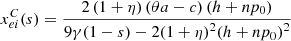 $$ {x}_{{ei}}^C(s)=\frac{2\left(1+\eta \right)\left({\theta a}-c\right)\left(h+n{p}_0\right)}{9\gamma (1-s)-2(1+\eta {)}^2(h+n{p}_0{)}^2} $$