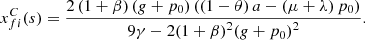 $$ {x}_{{fi}}^C(s)=\frac{2\left(1+\beta \right)\left(g+{p}_0\right)\left(\left(1-\theta \right)a-\left(\mu +\lambda \right){p}_0\right)}{9\gamma -2(1+\beta {)}^2(g+{p}_0{)}^2}. $$