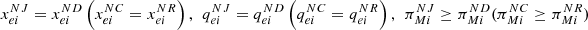 $ {x}_{{ei}}^{{NJ}}={x}_{{ei}}^{{ND}}\left({x}_{{ei}}^{{NC}}={x}_{{ei}}^{{NR}}\right),\enspace {q}_{{ei}}^{{NJ}}={q}_{{ei}}^{{ND}}\left({q}_{{ei}}^{{NC}}={q}_{{ei}}^{{NR}}\right),\enspace {\pi }_{{Mi}}^{{NJ}}\ge {\pi }_{{Mi}}^{{ND}}({\pi }_{{Mi}}^{{NC}}\ge {\pi }_{{Mi}}^{{NR}})$