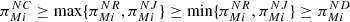 $ {\pi }_{{Mi}}^{{NC}}\ge \mathrm{max}\{{\pi }_{{Mi}}^{{NR}},{\pi }_{{Mi}}^{{NJ}}\}\ge \mathrm{min}\{{\pi }_{{Mi}}^{{NR}},{\pi }_{{Mi}}^{{NJ}}\}\ge {\pi }_{{Mi}}^{{ND}}$
