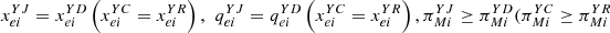 $ {x}_{{ei}}^{{YJ}}={x}_{{ei}}^{{YD}}\left({x}_{{ei}}^{{YC}}={x}_{{ei}}^{{YR}}\right),\enspace {q}_{{ei}}^{{YJ}}={q}_{{ei}}^{{YD}}\left({x}_{{ei}}^{{YC}}={x}_{{ei}}^{{YR}}\right),{\pi }_{{Mi}}^{{YJ}}\ge {\pi }_{{Mi}}^{{YD}}({\pi }_{{Mi}}^{{YC}}\ge {\pi }_{{Mi}}^{{YR}}$