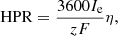 $$ \mathrm{HPR}=\frac{3600{I}_{\mathrm{e}}}{{zF}}\eta, $$
