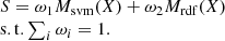 $$ \begin{array}{l}S={\omega }_1{M}_{\mathrm{svm}}(X)+{\omega }_2{M}_{\mathrm{rdf}}(X)\\ \mathrm{s.t}.\sum_i {\omega }_i=1.\end{array} $$
