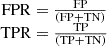 $$ \begin{array}{c}\mathrm{FPR}=\frac{\mathrm{FP}}{(\mathrm{FP}+\mathrm{TN})}\\ \mathrm{TPR}=\frac{\mathrm{TP}}{(\mathrm{TP}+\mathrm{TN})}\end{array} $$