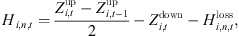 $$ {H}_{i,n,t}=\frac{{Z}_{i,t}^{\mathrm{up}}-{Z}_{i,t-1}^{\mathrm{up}}}{2}-{Z}_{i,t}^{\mathrm{down}}-{H}_{i,n,t}^{\mathrm{loss}}, $$