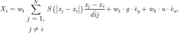 $$ {X}_i={w}_1\sum_{\begin{array}{c}j=1,\\ j\ne i\end{array}}^N S\enspace \left(\left|{x}_j-{x}_i\right|\right)\frac{{x}_j-{x}_i}{d\hat{i}j}+{w}_2\cdot g\cdot {\hat{e}}_g+{w}_3\cdot u\cdot {\hat{e}}_w. $$