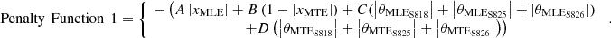 $$ \mathrm{Penalty}\enspace \mathrm{Function}\enspace 1=\left\{\begin{array}{c}-\left(A\left|{x}_{\mathrm{MLE}}\right|+B\left(1-\left|{x}_{\mathrm{MTE}}\right|\right)+C(\left|{\theta }_{{\mathrm{MLE}}_{\mathrm{S}818}}\right|+\left|{\theta }_{{\mathrm{MLE}}_{\mathrm{S}825}}\right|+|{\theta }_{{\mathrm{MLE}}_{\mathrm{S}826}}|)\right.\\ \left.+D\left(\left|{\theta }_{{\mathrm{MTE}}_{\mathrm{S}818}}\right|+\left|{\theta }_{{\mathrm{MTE}}_{\mathrm{S}825}}\right|+\left|{\theta }_{{\mathrm{MTE}}_{\mathrm{S}826}}\right|\right)\right)\end{array}\right.. $$