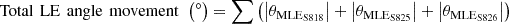 $$ \mathrm{Total}\enspace \mathrm{LE}\enspace \mathrm{angle}\enspace \mathrm{movement}\enspace \left(\mathrm{{}^{\circ} }\right)=\sum \left(\left|{\theta }_{{\mathrm{MLE}}_{\mathrm{S}818}}\right|+\left|{\theta }_{{\mathrm{MLE}}_{\mathrm{S}825}}\right|+\left|{\theta }_{{\mathrm{MLE}}_{\mathrm{S}826}}\right|\right) $$