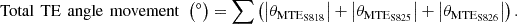 $$ \mathrm{Total}\enspace \mathrm{TE}\enspace \mathrm{angle}\enspace \mathrm{movement}\enspace \left(\mathrm{{}^{\circ} }\right)=\sum \left(\left|{\theta }_{{\mathrm{MTE}}_{\mathrm{S}818}}\right|+\left|{\theta }_{{\mathrm{MTE}}_{\mathrm{S}825}}\right|+\left|{\theta }_{{\mathrm{MTE}}_{\mathrm{S}826}}\right|\right). $$