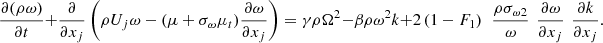 $$ \frac{\partial ({\rho \omega })}{{\partial t}}+\frac{\partial }{\partial {x}_j}\left(\rho {U}_j\omega -(\mu +{\sigma }_{\omega }{\mu }_t)\frac{{\partial \omega }}{\partial {x}_j}\right)={\gamma \rho }{\mathrm{\Omega }}^2-{\beta \rho }{\omega }^2k+2\left(1-{F}_1\right)\enspace \frac{\rho {\sigma }_{\omega 2}}{\omega }\enspace \frac{{\partial \omega }}{\partial {x}_j}\enspace \frac{{\partial k}}{\partial {x}_j}. $$