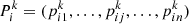 $$ {{P}}_i^k=({p}_{i1}^k,\dots,{p}_{{ij}}^k,\dots,{p}_{{in}}^k) $$