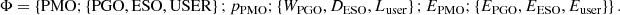 $$ \mathrm{\Phi }=\left\{\mathrm{PMO};\left\{\mathrm{PGO},\mathrm{ESO},\mathrm{USER}\right\};{p}_{\mathrm{PMO}};\left\{{W}_{\mathrm{PGO}},{D}_{\mathrm{ESO}},{L}_{\mathrm{user}}\right\};{E}_{\mathrm{PMO}};\left\{{E}_{\mathrm{PGO}},{E}_{\mathrm{ESO}},{E}_{\mathrm{user}}\right\}\right\}. $$