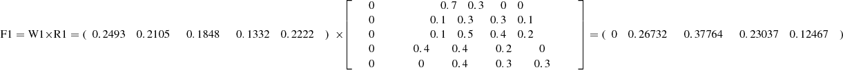 $$ \mathrm{F}1=\mathrm{W}1\times \mathrm{R}1=(\begin{array}{ccc}0.2493& 0.2105& \begin{array}{cc}0.1848& \begin{array}{cc}0.1332& 0.2222\end{array}\end{array})\end{array}\times \left[\begin{array}{cc}0& \begin{array}{ccc}0.7& 0.3& \begin{array}{cc}0& 0\end{array}\end{array}\\ \begin{array}{c}0\\ 0\\ \begin{array}{c}0\\ 0\end{array}\end{array}& \begin{array}{c}\begin{array}{ccc}0.1& 0.3& \begin{array}{cc}0.3& 0.1\end{array}\end{array}\\ \begin{array}{ccc}0.1& 0.5& \begin{array}{cc}0.4& 0.2\end{array}\end{array}\\ \begin{array}{ccc}\begin{array}{c}0.4\\ 0\end{array}& \begin{array}{c}0.4\\ 0.4\end{array}& \begin{array}{cc}\begin{array}{c}0.2\\ 0.3\end{array}& \begin{array}{c}0\\ 0.3\end{array}\end{array}\end{array}\end{array}\end{array}\right]=(\begin{array}{ccc}0& 0.26732& \begin{array}{cc}0.37764& \begin{array}{cc}0.23037& 0.12467\end{array}\end{array})\end{array} $$