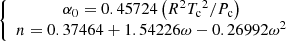 $$ \left\{\begin{array}{c}{\alpha }_0=0.45724\left({R}^2{{T}_{\mathrm{c}}}^2/{P}_{\mathrm{c}}\right)\\ n=0.37464+1.54226\omega -0.26992{\omega }^2\end{array}\right. $$