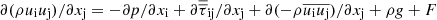 $$ \partial (\rho {u}_{\mathrm{i}}{u}_{\mathrm{j}})/\partial {x}_{\mathrm{j}}=-{\partial p}/\partial {x}_{\mathrm{i}}+\partial {\overline{\overline{\tau }}}_{\mathrm{ij}}/\partial {x}_{\mathrm{j}}+\partial (-\rho \overline{{u}_{\mathrm{i}}{u}_{\mathrm{j}}})/\partial {x}_{\mathrm{j}}+{\rho g}+F $$