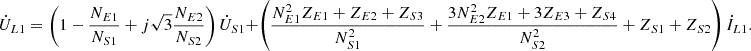 $$ {\dot{U}}_{L1}=\left(1-\frac{{N}_{E1}}{{N}_{S1}}+j\sqrt{3}\frac{{N}_{E2}}{{N}_{S2}}\right){\dot{U}}_{S1}+\left(\frac{{N}_{E1}^2{Z}_{E1}+{Z}_{E2}+{Z}_{S3}}{{N}_{S1}^2}+\frac{3{N}_{E2}^2{Z}_{E1}+3{Z}_{E3}+{Z}_{S4}}{{N}_{S2}^2}+{Z}_{S1}+{Z}_{S2}\right){\dot{I}}_{L1}. $$