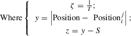 Mathematical equation: $$ \mathrm{Where}\left\{\begin{array}{c}\mathrm{\zeta }=\frac{1}{T};\\ y=\left|\mathrm{Position}-\enspace {\mathrm{Position}}_i^j\right|;\\ z=y-S\end{array}\right. $$