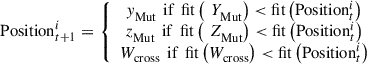 Mathematical equation: $$ {\mathrm{Position}}_{t+1}^i=\left\{\begin{array}{c}{y}_{\mathrm{Mut}}^{\enspace }\enspace \mathrm{if\enspace fit}\left(\enspace {Y}_{\mathrm{Mut}}^{\enspace }\right)<\mathrm{fit}\left({\mathrm{Position}}_t^i\right)\\ {z}_{\mathrm{Mut}}^{\enspace }\enspace \mathrm{if\enspace fit}\left(\enspace {Z}_{\mathrm{Mut}}^{\enspace }\right)<\mathrm{fit}\left({\mathrm{Position}}_t^i\right)\\ {W}_{\mathrm{cross}}^{\enspace }\enspace \mathrm{if\enspace fit}\left({W}_{\mathrm{cross}}^{\enspace }\right)<\mathrm{fit}\left({\mathrm{Position}}_t^i\right)\end{array}\right. $$