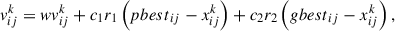 Mathematical equation: $$ {v}_{{ij}}^k=w{v}_{{ij}}^k+{c}_1{r}_1\left(p{{best}}_{{ij}}-{x}_{{ij}}^k\right)+{c}_2{r}_2\left(g{{best}}_{{ij}}-{x}_{{ij}}^k\right), $$