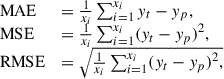 Mathematical equation: $$ \begin{array}{ll}\mathrm{MAE}& =\frac{1}{{x}_i}\sum_{i=1}^{{x}_i} {y}_t-{y}_p,\\ \mathrm{MSE}& =\frac{1}{{x}_i}\sum_{i=1}^{{x}_i} ({y}_t-{y}_p{)}^2,\\ \mathrm{RMSE}& =\sqrt{\frac{1}{{x}_i}\sum_{i=1}^{{x}_i} ({y}_t-{y}_p{)}^2,}\end{array} $$