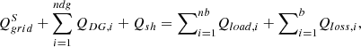 Mathematical equation: $$ {Q}_{{grid}}^S+\sum_{i=1}^{{ndg}}{Q}_{{DG},i}+{Q}_{{sh}}={\sum }_{i=1}^{{nb}}{Q}_{{load},i}+{\sum }_{i=1}^b{Q}_{{loss},i}, $$