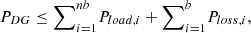 Mathematical equation: $$ {P}_{{DG}}\le {\sum }_{i=1}^{{nb}}{P}_{{load},i}+{\sum }_{i=1}^b{P}_{{loss},i}, $$