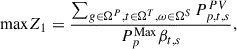 Mathematical equation: $$ \mathrm{max}{Z}_1=\frac{\sum_{g\in {\mathrm{\Omega }}^P,t\in {\mathrm{\Omega }}^T,\omega \in {\mathrm{\Omega }}^S} {P}_{p,t,s}^{{PV}}}{{P}_p^{\mathrm{Max}}{\beta }_{t,s}}, $$