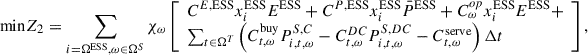 Mathematical equation: $$ \mathrm{min}{Z}_2=\sum_{i={\mathrm{\Omega }}^{\mathrm{ESS}},\omega \in {\mathrm{\Omega }}^S} {\chi }_{\omega }\left[\begin{array}{l}{C}^{E,\mathrm{ESS}}{x}_i^{\mathrm{ESS}}{E}^{\mathrm{ESS}}+{C}^{P,\mathrm{ESS}}{x}_i^{\mathrm{ESS}}{\bar{P}}^{\mathrm{ESS}}+{C}_{\omega }^{{op}}{x}_i^{\mathrm{ESS}}{E}^{\mathrm{ESS}}+\\ \sum_{t\in {\mathrm{\Omega }}^T} \left({C}_{t,\omega }^{\mathrm{buy}}{P}_{i,t,\omega }^{S,C}-{C}_{t,\omega }^{{DC}}{P}_{i,t,\omega }^{S,{DC}}-{C}_{t,\omega }^{\mathrm{serve}}\right)\Delta t\\ \end{array}\right], $$