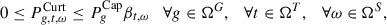 Mathematical equation: $$ 0\le {P}_{g,t,\omega }^{\mathrm{Curt}}\le {P}_g^{\mathrm{Cap}}{\beta }_{t,\omega }\hspace{1em}\forall g\in {\mathrm{\Omega }}^G,\hspace{1em}\forall t\in {\mathrm{\Omega }}^T,\hspace{1em}\forall \omega \in {\mathrm{\Omega }}^S, $$