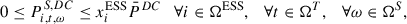 Mathematical equation: $$ 0\le {P}_{i,t,\omega }^{S,{DC}}\le {x}_i^{\mathrm{ESS}}{\bar{P}}^{{DC}}\hspace{1em}\forall i\in {\mathrm{\Omega }}^{\mathrm{ESS}},\hspace{1em}\forall t\in {\mathrm{\Omega }}^T,\hspace{1em}\forall \omega \in {\mathrm{\Omega }}^S, $$