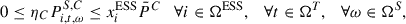 Mathematical equation: $$ 0\le {\eta }_C{P}_{i,t,\omega }^{S,C}\le {x}_i^{\mathrm{ESS}}{\bar{P}}^C\hspace{1em}\forall i\in {\mathrm{\Omega }}^{\mathrm{ESS}},\hspace{1em}\forall t\in {\mathrm{\Omega }}^T,\hspace{1em}\forall \omega \in {\mathrm{\Omega }}^S, $$