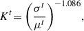Mathematical equation: $$ {K}^t{=\left(\frac{{\sigma }^t}{{\mu }^t}\right)}^{-1.086}, $$