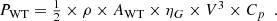 Mathematical equation: $$ {\displaystyle \begin{array}{c}{P}_{\textrm{WT}}=\frac{1}{2}\times \rho \times {A}_{\textrm{WT}}\times {\eta}_G\times {V}^3\times {C}_p\end{array}}. $$