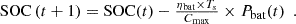 Mathematical equation: $$ {\displaystyle \begin{array}{c}\textrm{SOC}\left(t+1\right)=\textrm{SOC}(t)-\frac{\eta_{\textrm{bat}}\times {T}_s}{C_{\textrm{max}}}\times {P}_{\textrm{bat}}(t)\end{array}}. $$