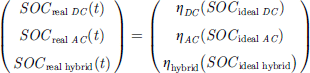Mathematical equation: $$ {\displaystyle \begin{array}{c}\left(\begin{array}{c}{\textrm{SOC}}_{\textrm{real}\ \textrm{DC}}(t)\\ {}{\textrm{SOC}}_{\textrm{real}\ \textrm{AC}}(t)\\ {}{\textrm{SOC}}_{\textrm{real}\ \textrm{hybrid}}(t)\end{array}\right)=\left(\begin{array}{c}{\eta}_{\textrm{DC}}\left({\textrm{SOC}}_{\textrm{ideal}\ \textrm{DC}}\right)\\ {}{\eta}_{\textrm{AC}}\left({\textrm{SOC}}_{\textrm{ideal}\ \textrm{AC}}\right)\\ {}{\eta}_{\textrm{hybrid}}\left({\textrm{SOC}}_{\textrm{ideal}\ \textrm{hybrid}}\right)\end{array}\right).\end{array}} $$