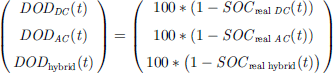 Mathematical equation: $$ {\displaystyle \begin{array}{c}\left(\begin{array}{c}{\textrm{DOD}}_{\textrm{DC}}(t)\\ {}{\textrm{DOD}}_{\textrm{AC}}(t)\\ {}{\textrm{DOD}}_{\textrm{hybrid}}(t)\end{array}\right)=\left(\begin{array}{c}100\ast \left(1-{\textrm{SOC}}_{\textrm{real}\ \textrm{DC}}(t)\right)\\ {}100\ast \left(1-{\textrm{SOC}}_{\textrm{real}\ \textrm{AC}}(t)\right)\\ {}100\ast \left(1-{\textrm{SOC}}_{\textrm{real}\ \textrm{hybrid}}(t)\right)\end{array}\right).\end{array}} $$