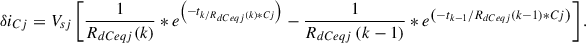 Mathematical equation: $$ \delta {i}_{{Cj}}={V}_{{sj}}\left[\frac{1}{{R}_{{dCeqj}}(k)}*{e}^{\left(-{t}_{k/{R}_{{dCeqj}}(k){*Cj}}\right)}-\frac{1}{{R}_{{dCeqj}}\left(k-1\right)}*{e}^{\left(-{t}_{k-1}/{R}_{{dCeqj}}\left(k-1\right){*Cj}\right)}\right]. $$